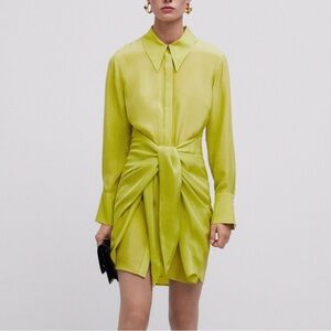 Massimo Dutti Elegant Lime Green Knotted Dress with long sleeves. Size S